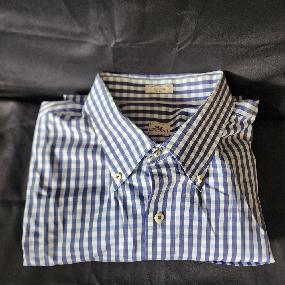 Peter Millar Mens Long Sleeve Button-Up Blue‎ Checkered Size 2XL